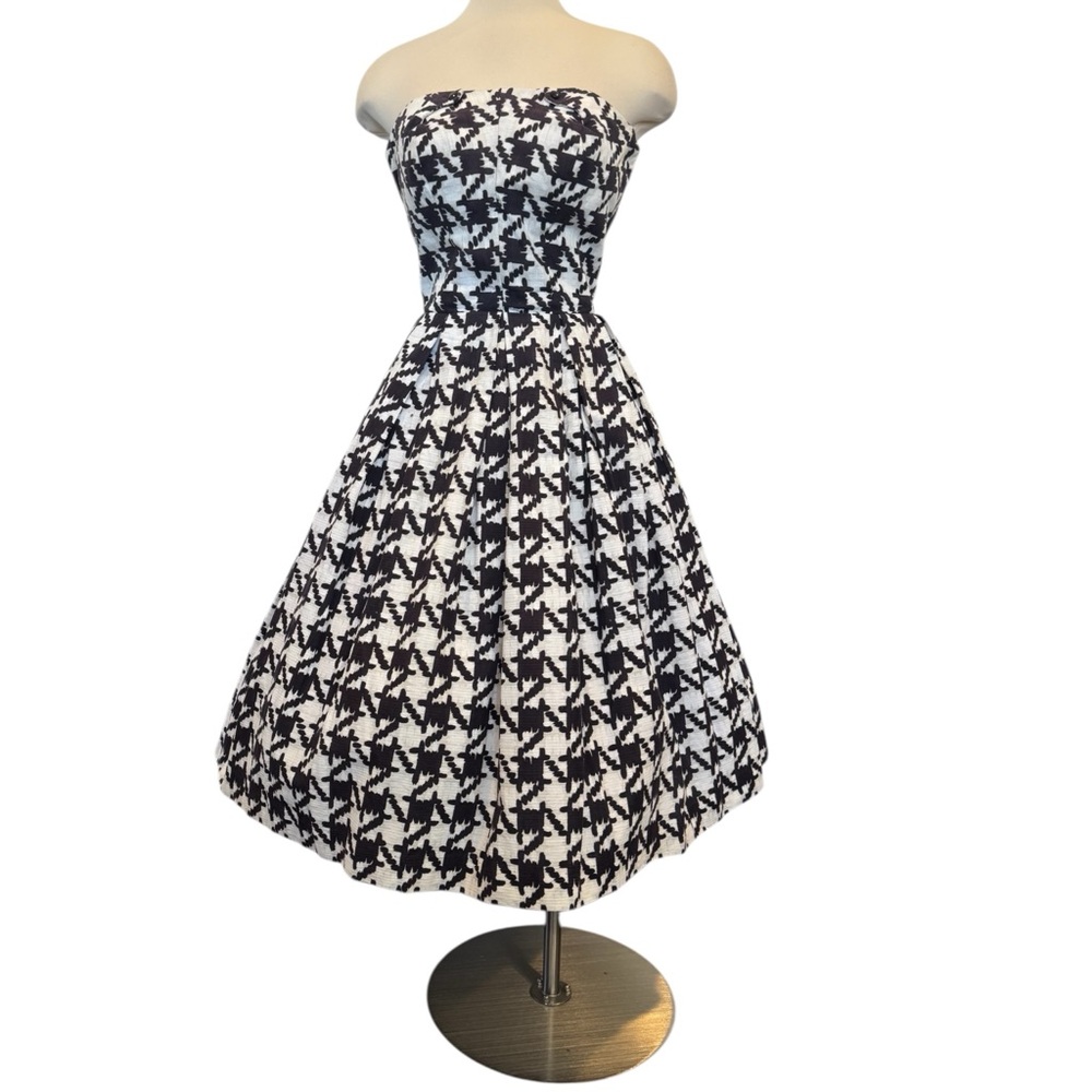 Vintage 50s 60s Houndstooth Check Strapless New Look Fit Flare Party Dress Town - Picture 12 of 12